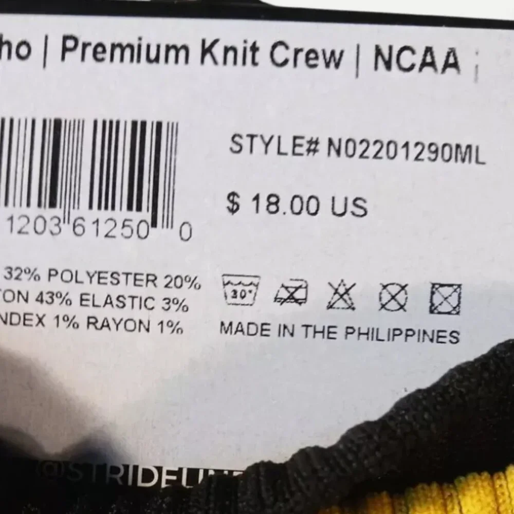 Strideline IDAHO Premium Knit Crew Socks Size: M/L Set of 2 Black White Yellow - Picture 10 of 10